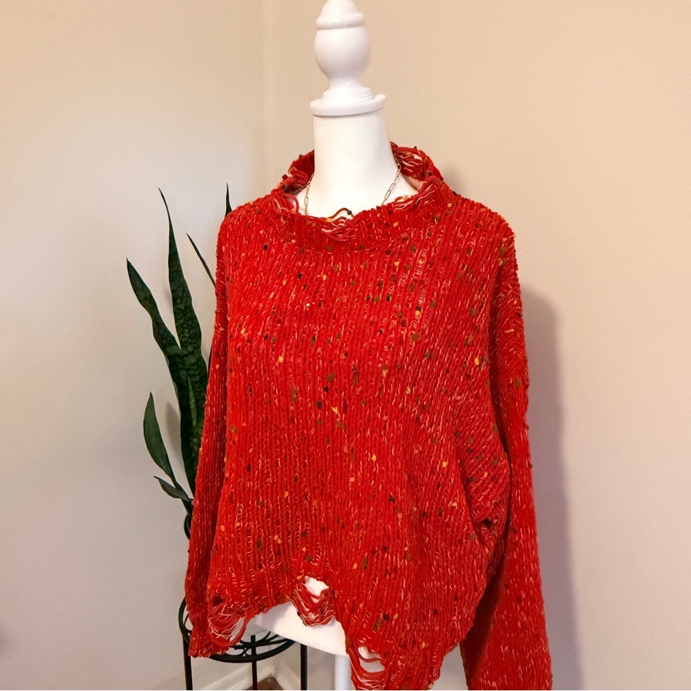 POL | Vibrant Red Distressed Oversized Sweater - Picture 2 of 9